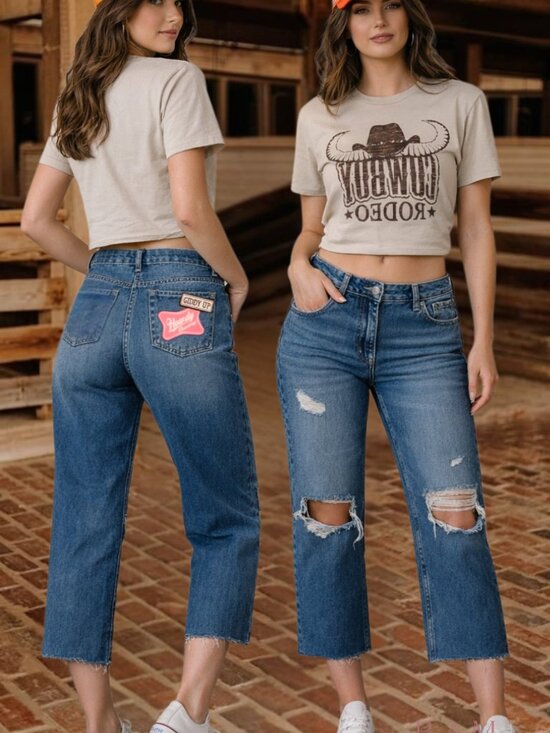Weekend Acadamy Denim - Weekend Academy Custom Patch Capri Jeans – Adjustable Waist Western Distressed R